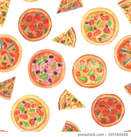 Seamless pattern with watercolor different pizzas, slices. Whole Italian pizza Seamless pattern with watercolor different pizzas, slices. Whole Italian pizza 105560088