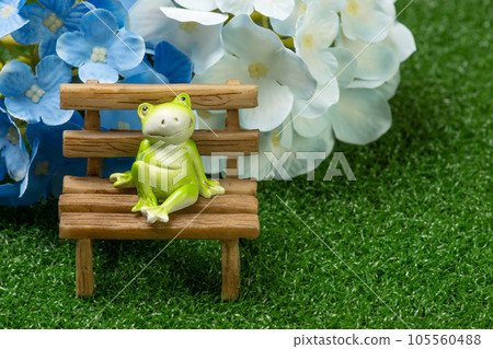 Image of rainy season with frog and hydrangea Image of rainy season with frog and hydrangea 105560488