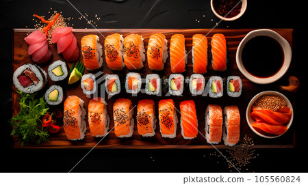Assorted sushi, rolls and maki Assorted sushi, rolls and maki 105560824