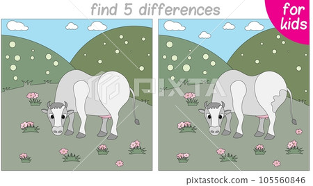 cow is grazing in the meadow. Logic game for children. You need to find 5 differences. 105560846