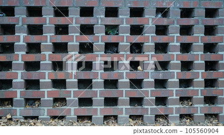 Red brick wall with fallen leaves and trash inside Red brick wall with fallen leaves and trash inside 105560904