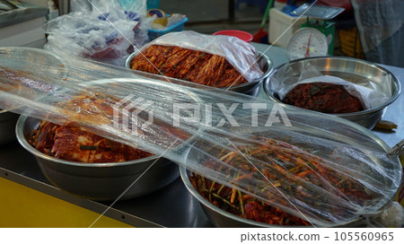 Traditional food kimchi on display at a traditional Korean market 105560965