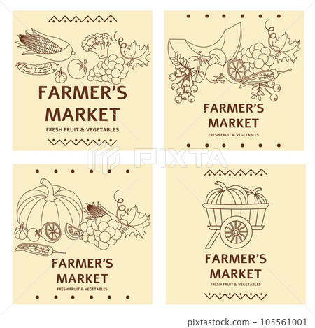 Farmer's market poster. Pumpkins, corn and other vegetables. Farmers market poster collection. Vector banner templates with inscription for local food fair. 105561001