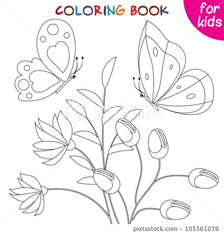 Butterflies collection. Butterflies and flowers with buds. Coloring book page Butterflies collection. Butterflies and flowers with buds. Coloring book page 105561039