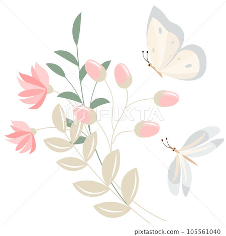 Butterflies fly around delicate pink flowers and buds. Butterflies fly around delicate pink flowers and buds. 105561040