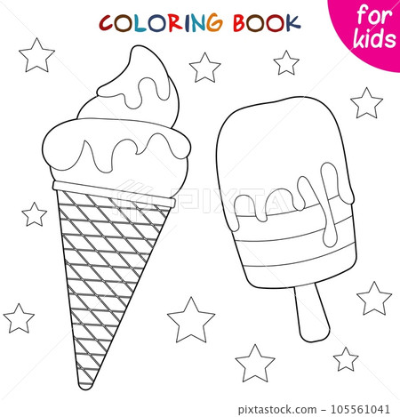 Ice cream in a cone and popsicle. Ice cream collection. Relaxation coloring template. 105561041