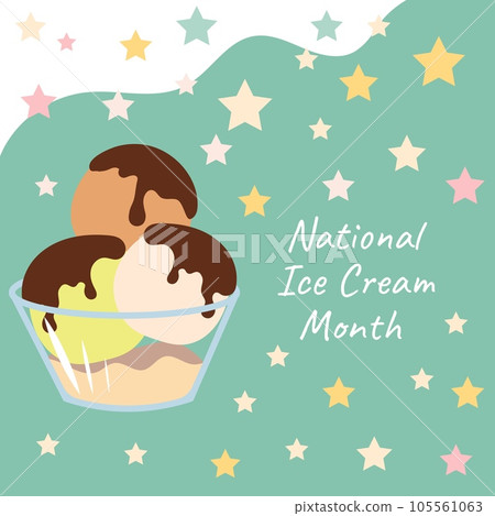 Ice cream balls in a glass cup and stars. Lettering National Ice Cream Month. 105561063