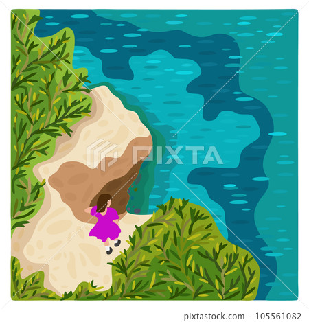 Seascape top view. Vector illustration with sea and mountain surrounded with blooming trees. 105561082