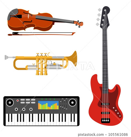 Musical instruments. Violin, trumpet, electric guitar, electric piano. Can be used for emblem, concert, music, school Musical instruments. Violin, trumpet, electric guitar, electric piano. Can be used for emblem, concert, music, school 105561086