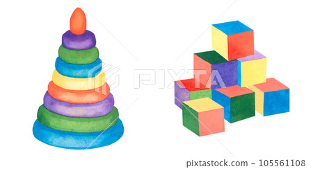Children's toy. Watercolor illustration of a pyramid and cubes on a white background. Illustration for children Children's toy. Watercolor illustration of a pyramid and cubes on a white background. Illustration for children 105561108