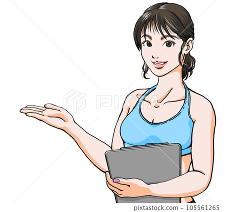 A young female gym instructor who guides you with a smile while holding a file 105561265