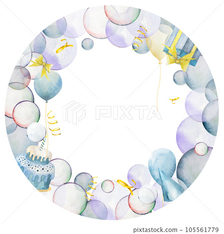 Watercolor illustration hand drawing. Cute frame cards with a cake, balloons, ribbons, soap bubbles and flags Watercolor illustration hand drawing. Cute frame cards with a cake, balloons, ribbons, soap bubbles and flags 105561779