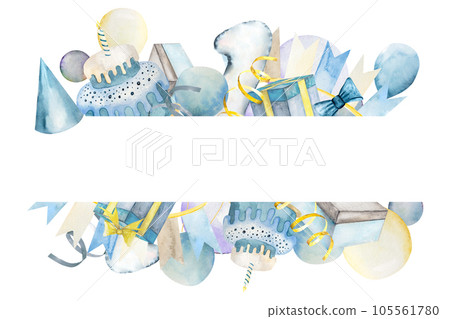 Watercolor illustration hand drawing. Cute frame cards with a cake, balloons, ribbons, soap bubbles and flags Watercolor illustration hand drawing. Cute frame cards with a cake, balloons, ribbons, soap bubbles and flags 105561780