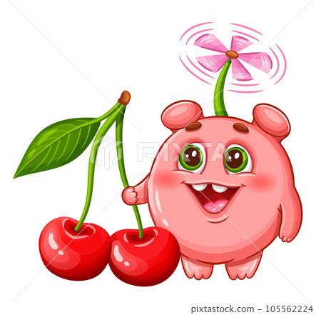 Cute monster, fantasy alien and cherry berry fruit icon. Funny humanoid children cartoon character. Fairy fictional mutant, demon creature. Kid healthy vitamin food, juice drink, candy package vector Cute monster, fantasy alien and cherry berry fruit icon. Funny humanoid children cartoon character. Fairy fictional mutant, demon creature. Kid healthy vitamin food, juice drink, candy package vector 105562224