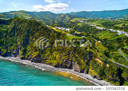 Drone point of view, picturesque nature of Azores. Drone point of view, picturesque nature of Azores. 105562538