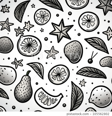 Doodle fruits. Natural tropical fruit, doodles citrus orange and vitamin lemon. Vegan kitchen apple hand drawn 105562802