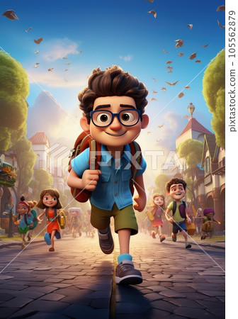 Back to School Adventure. Funny and Happy 3D Character Poster with Friends Ready for a Joyful School Journey. Back to School Adventure. Funny and Happy 3D Character Poster with Friends Ready for a Joyful School Journey. 105562879