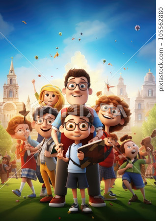 Back to School Adventure. Funny and Happy 3D Character Poster with Friends Ready for a Joyful School Journey. Back to School Adventure. Funny and Happy 3D Character Poster with Friends Ready for a Joyful School Journey. 105562880