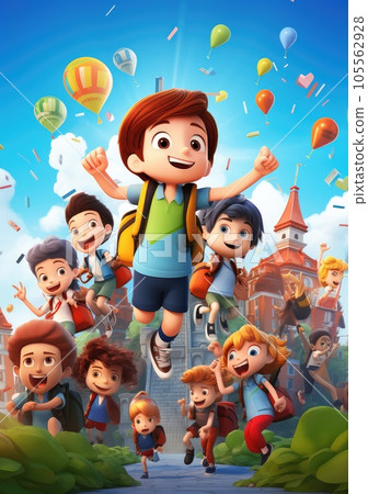 Laugh and Learn. Vibrant 3D Character Poster Depicting a Group of Friends Embracing the Back to School Season. 105562928