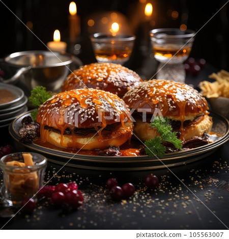 Delicious grilled burgers. Fresh tasty burger on bokeh background. 105563007
