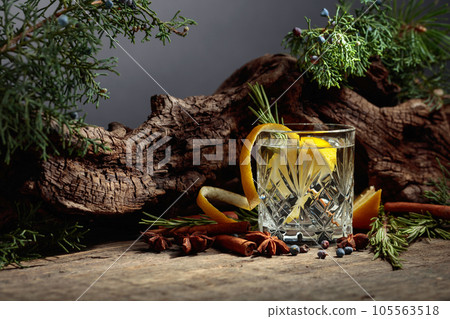 Cocktail gin-tonic with lemon, cinnamon, anise, and juniper berries. Cocktail gin-tonic with lemon, cinnamon, anise, and juniper berries. 105563518