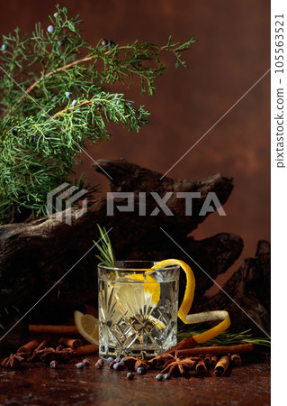 Cocktail gin-tonic with lemon, cinnamon, anise, and juniper berries. Cocktail gin-tonic with lemon, cinnamon, anise, and juniper berries. 105563521