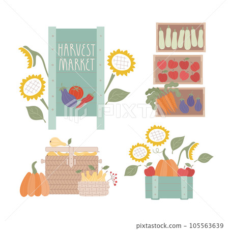 Farm market banner, basket, box with fruits, vegetables, sunflowers. Bright vector illustration for card, flyer, banner. 105563639