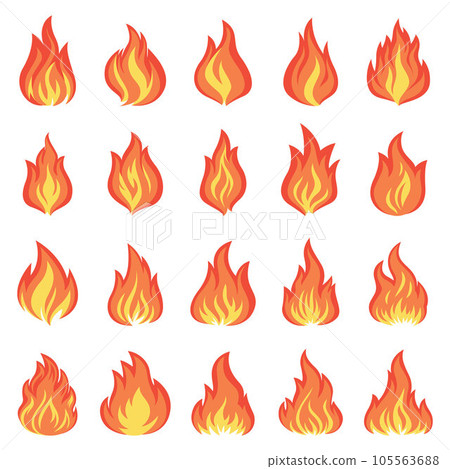 Flat Vector Fire Flame Icon Set. Campfire Shape Sign, Isolated. Bonfire Collection. Vector Illustration Flat Vector Fire Flame Icon Set. Campfire Shape Sign, Isolated. Bonfire Collection. Vector Illustration 105563688