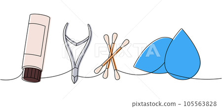 Beauty tools one line colored continuous drawing. Cosmetic cream, nail tongs, cotton ear swab, makeup sponge continuous one line illustration. Beauty tools one line colored continuous drawing. Cosmetic cream, nail tongs, cotton ear swab, makeup sponge continuous one line illustration. 105563828