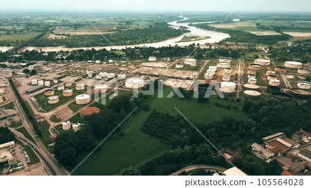 Aerial shot of an oil refinery in Cremona and the Po River, Lombardia. Italy Aerial shot of an oil refinery in Cremona and the Po River, Lombardia. Italy 105564028