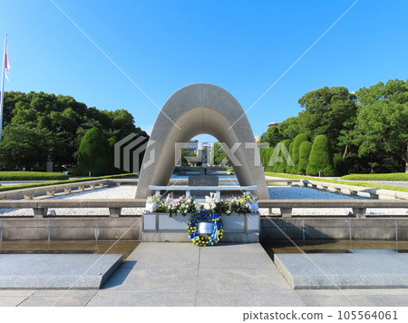 Cenotaphs for the Atomic Bomb Victims, the Flame of Peace and the Atomic Bomb Dome in a straight line Cenotaphs for the Atomic Bomb Victims, the Flame of Peace and the Atomic Bomb Dome in a straight line 105564061
