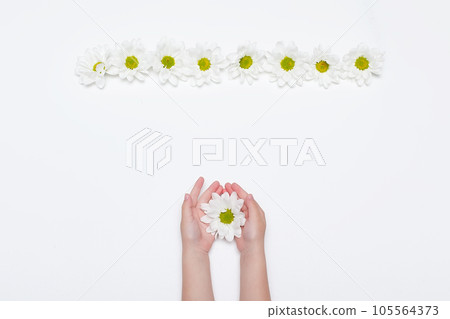 Female hands with cream and beautiful flowers on light background. 105564373