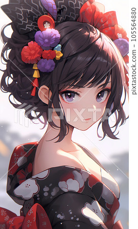 手绘卡通唯美的日本动漫穿和服武士女孩插画 105564880