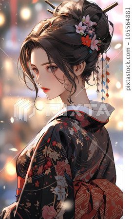 Hand-drawn cartoon beautiful illustration of japanese anime warrior girl in kimono 105564881