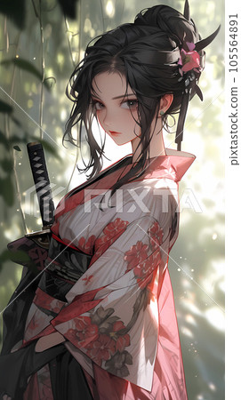 手绘卡通唯美的日本动漫穿和服武士女孩插画 105564891