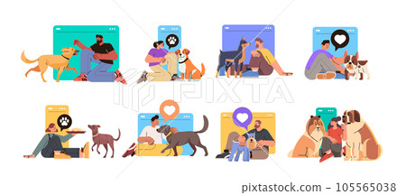 set pet owners with cute dogs spending time together best friends domestic animal friendship concept 105565038