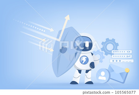 Artificial intelligence (AI) technology and protection concept. AI robot holding a shield reflecting arrow. Protect personal detail, password, and other sensitive information from cyber attack. 105565077