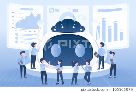 Artificial intelligence technology and science in the laboratory. Business people working around stage, analysis data, planning, thinking, brainstorming, creative ideas innovation solution. 105565079