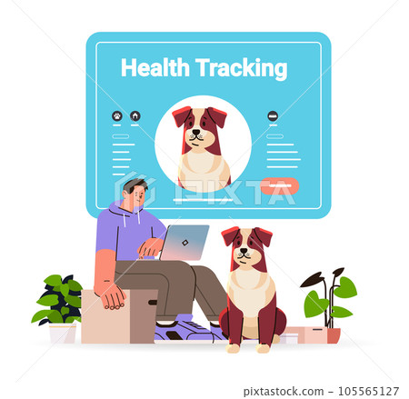 guy owner using pet app on laptop cute dogs best friends domestic animals health tracking application concept vector illustration guy owner using pet app on laptop cute dogs best friends domestic animals health tracking application concept vector illustration 105565127