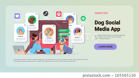 girl owner using pet app on laptop cute dogs best friends domestic animals social media application concept horizontal 105565130