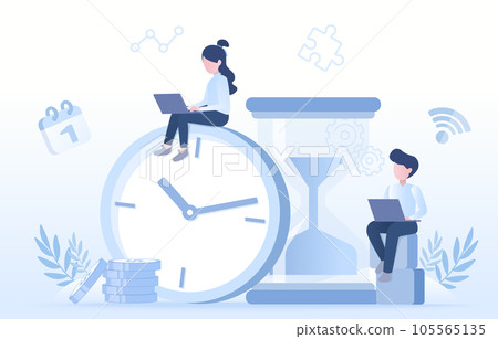 Time management concept. Business people engaged in effective work time management, planning, and financial investment to profitability. Flat vector design illustration. 105565135
