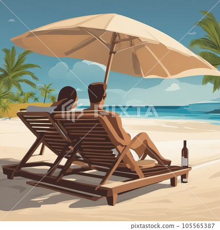 Family sunbathe in sun loungers on tropical beach 105565387