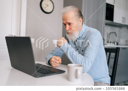 Portrait of irritated senior older businessman listening to business companion during video call on laptop and can barely contain himself from swearing, sitting at kitchen table with coffee cup. 105565866