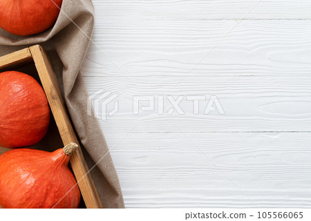 Uchiki Kuri Squash Crop on a White Wooden Background Uchiki Kuri Squash Crop on a White Wooden Background 105566065