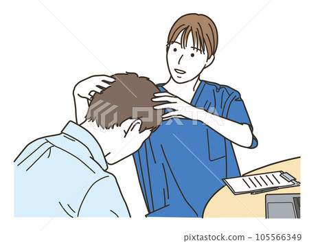A female doctor and a male patient who diagnose thinning hair treatment 105566349