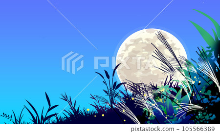 Autumn landscape with pampas grass and full moon 105566389