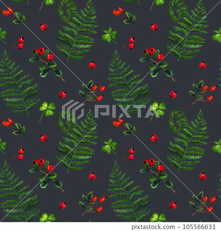 Watercolor seamless pattern wild forest fern and branch red berries, cranberry, cowberry, rosehip. Nature forest lawn scene. Wild landscape. Isolated eco natural illustration on grey background 105566631