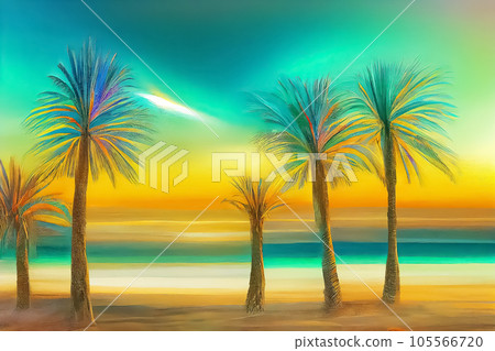 A group of African palm trees against the backdrop of the azure sea. Artistic effect. Tourism and rest. AI-generated 105566720