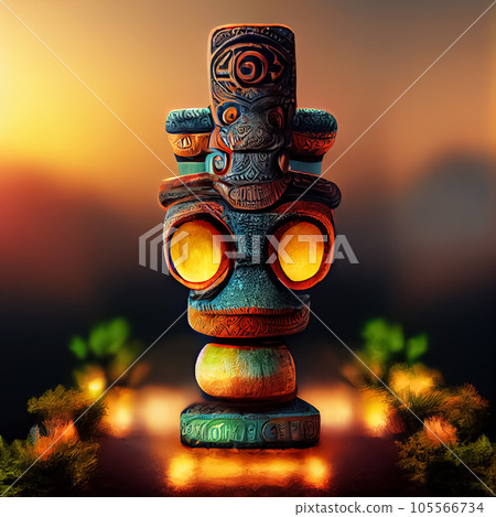 Ancient wooden sculpture of May with abstract symbols carved on it. AI-generated 105566734