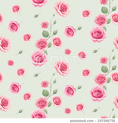 Seamless pattern pink rose flower and soft buds elements on green background Seamless pattern pink rose flower and soft buds elements on green background 105566756